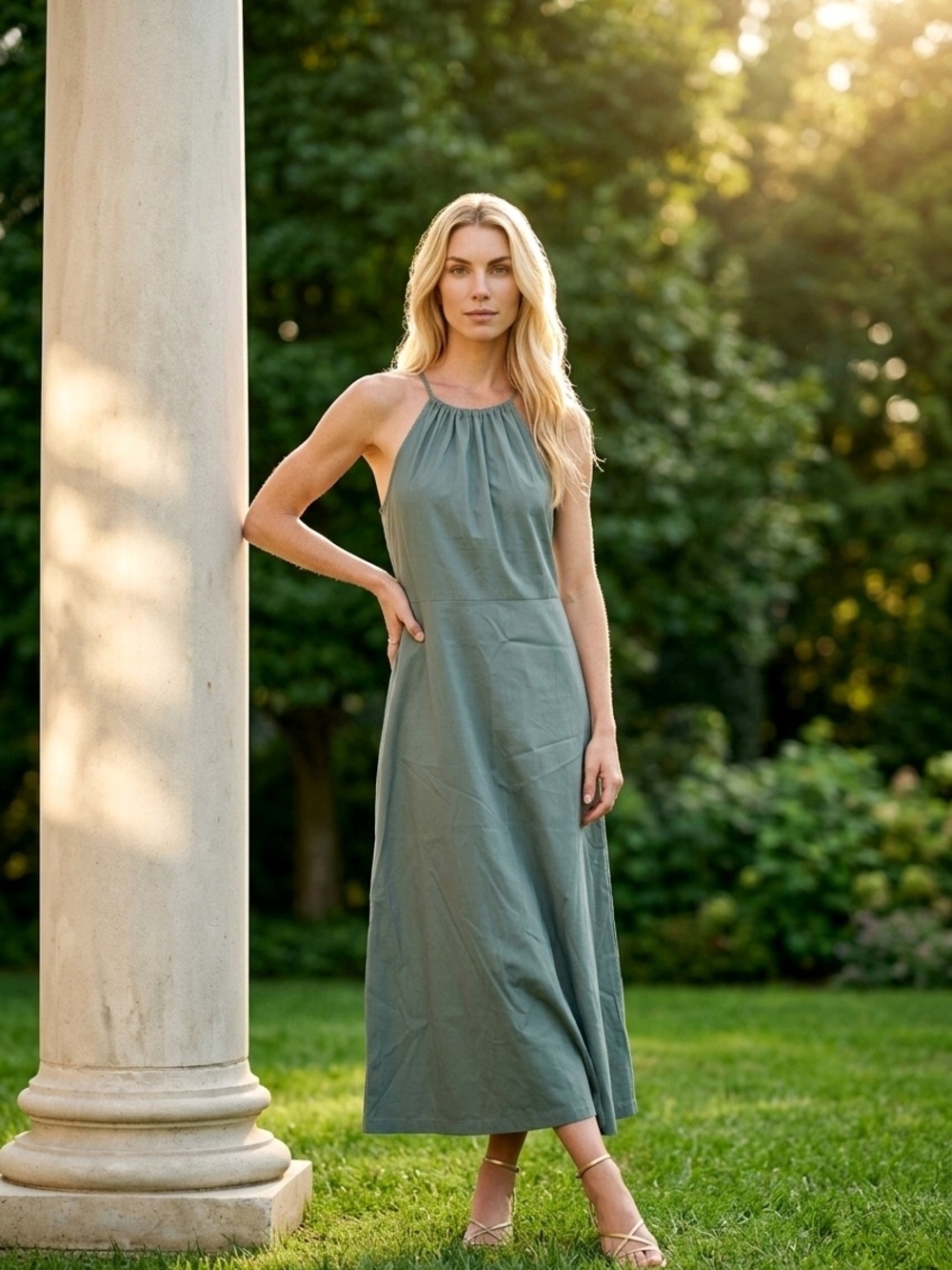DT Editions Olive Green Halter Midi Dress Size Medium Poplin Sleeveless A-Line